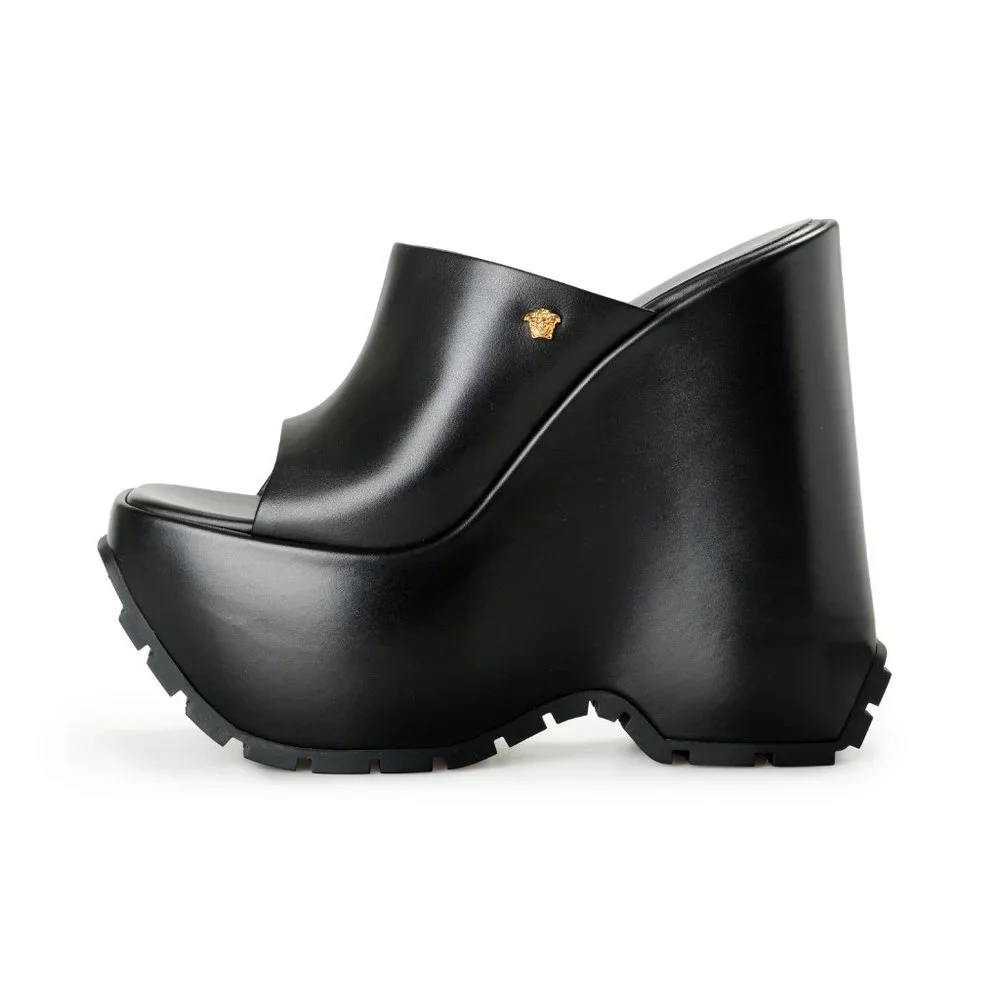 Versace Women's Black Leather Platform Mule Sandals Shoes